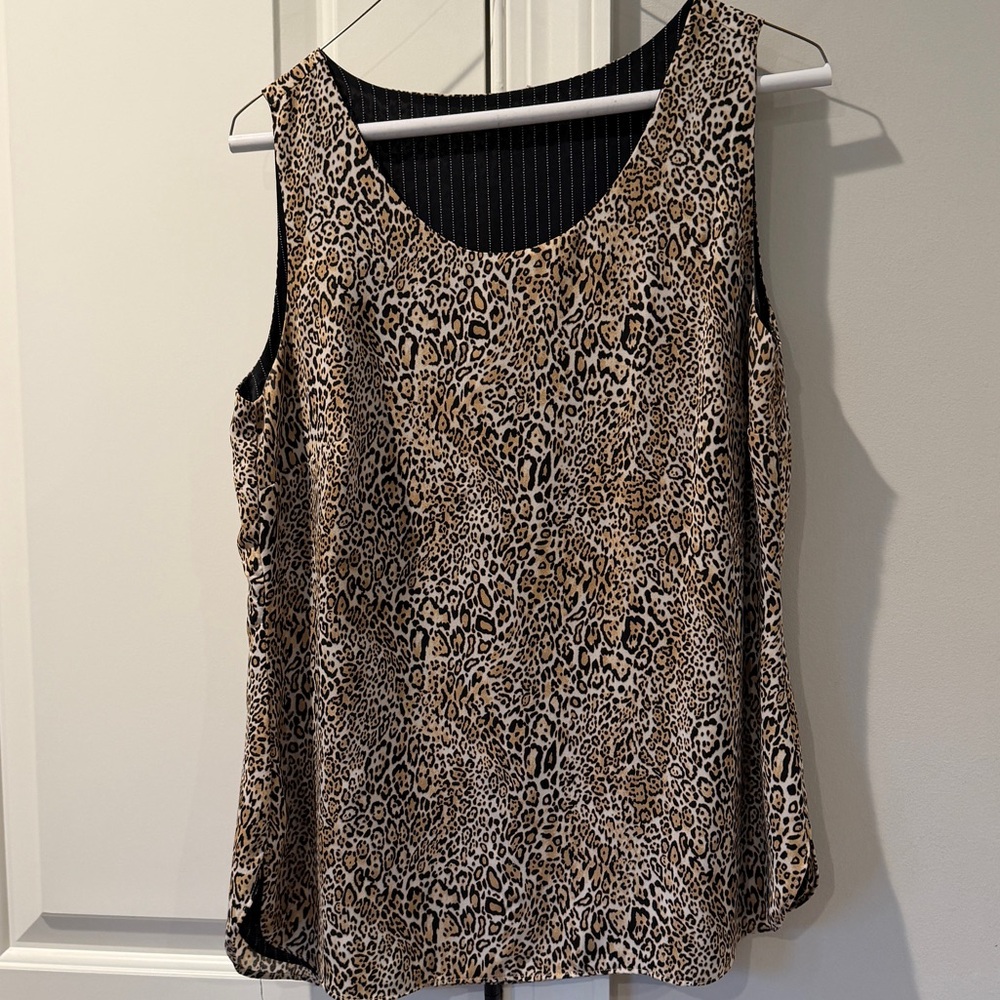 Reversible animal print/pinstripe sleeveless top
